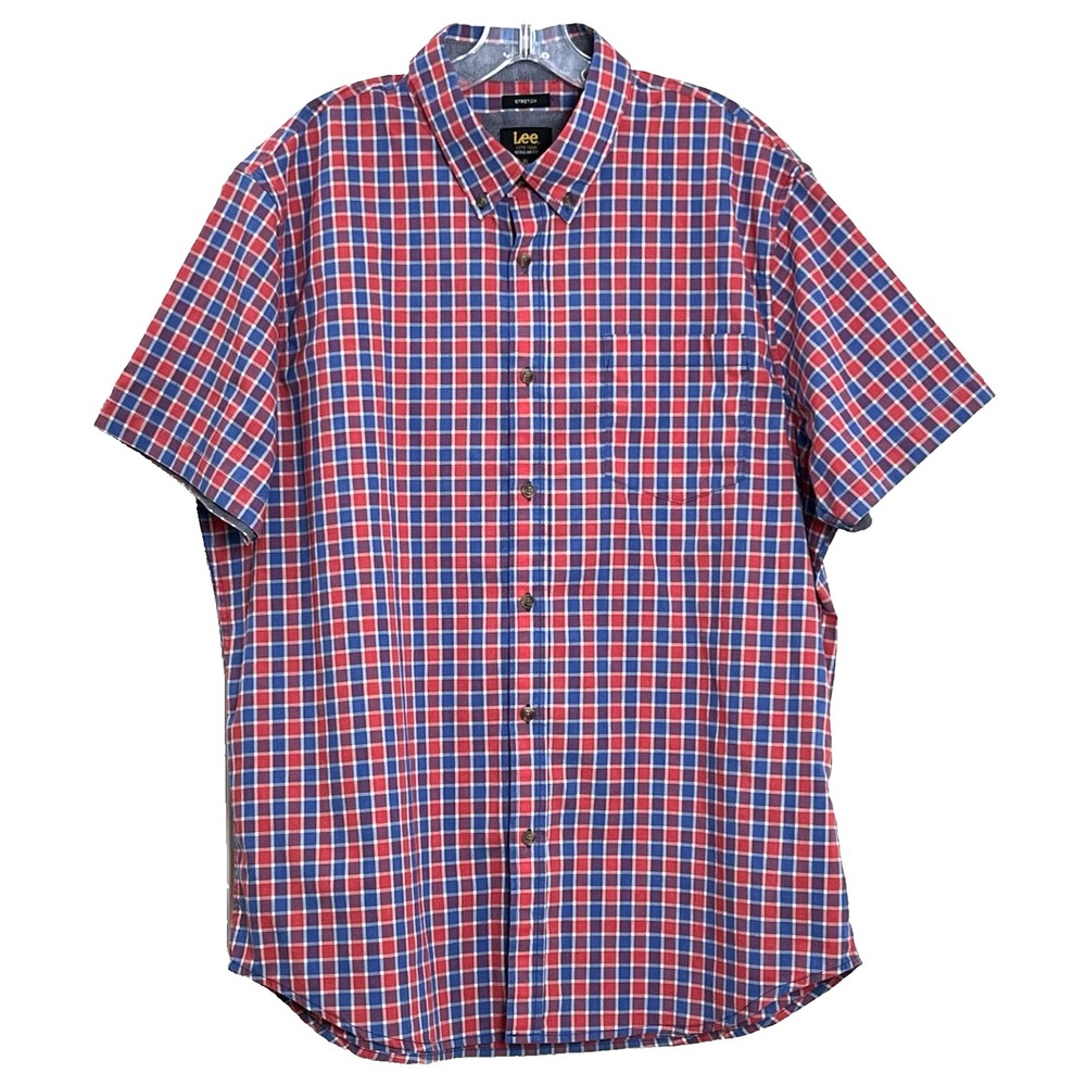 Lee Mens Shirt XL Blue Red Check Button Up Short Sleeve Stretch Patriotic Casual - Picture 2 of 8
